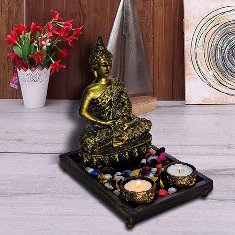 Meditating Buddha Statue on Tray With Diya Online